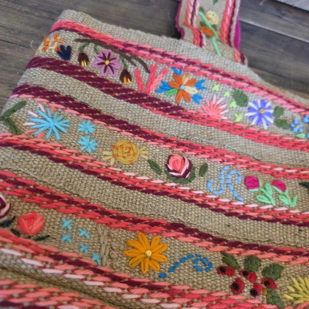 Colorful‎ Jute Burlap Bag Yarn Embroidery Boho Flowers Corduroy Lined Pocket